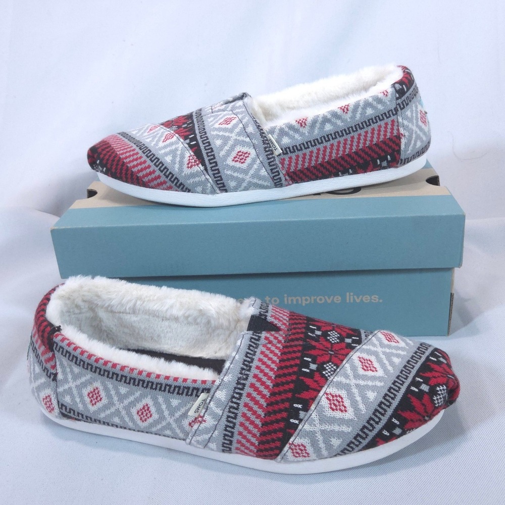 Toms Alpargata Fair Isle Slip On Womens 8 Faux Fur Lining Sweater Knit Red Cozy